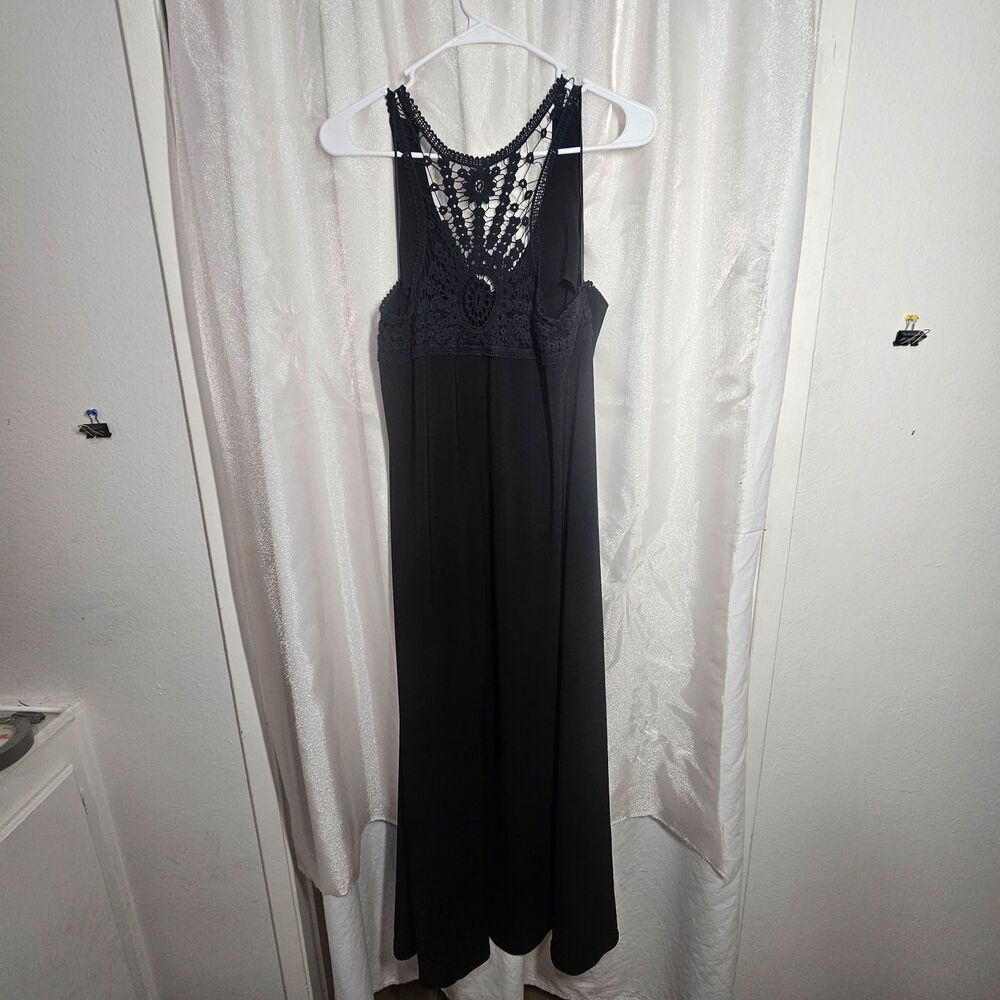 Lane Bryant Black Maxi Dress 18/20 Crochet Lace Racerback Sleeveless Boho EUC